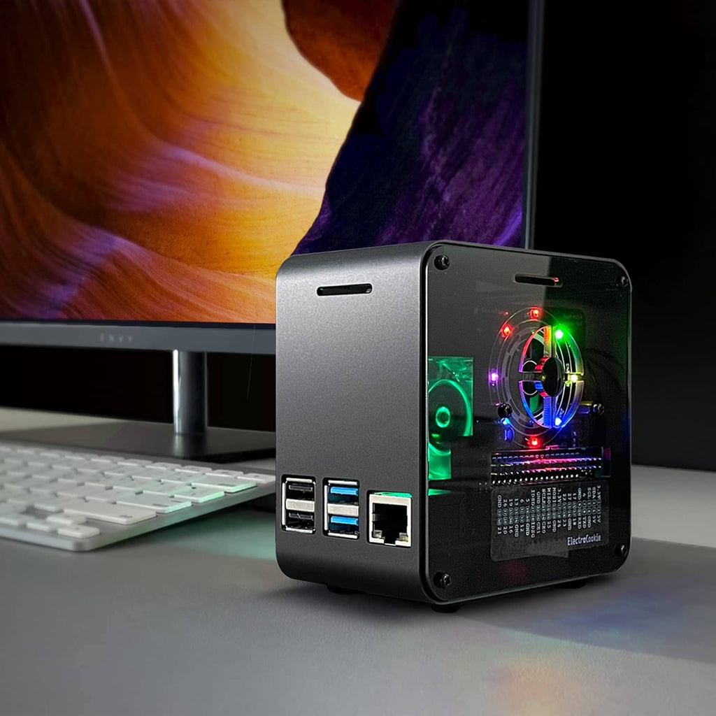 Aluminum mini tower Raspberry Pi case showing side ports and RGB-lit interior fan.