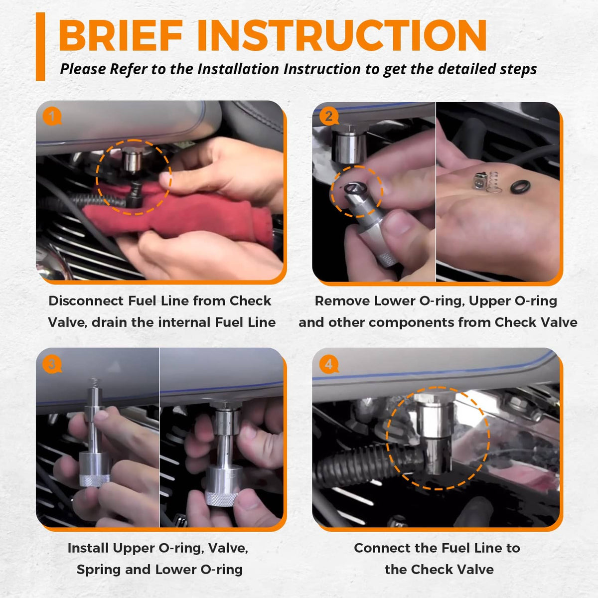 Fuel check valve repair tool set with metal O-ring removal and fuel line connection tools