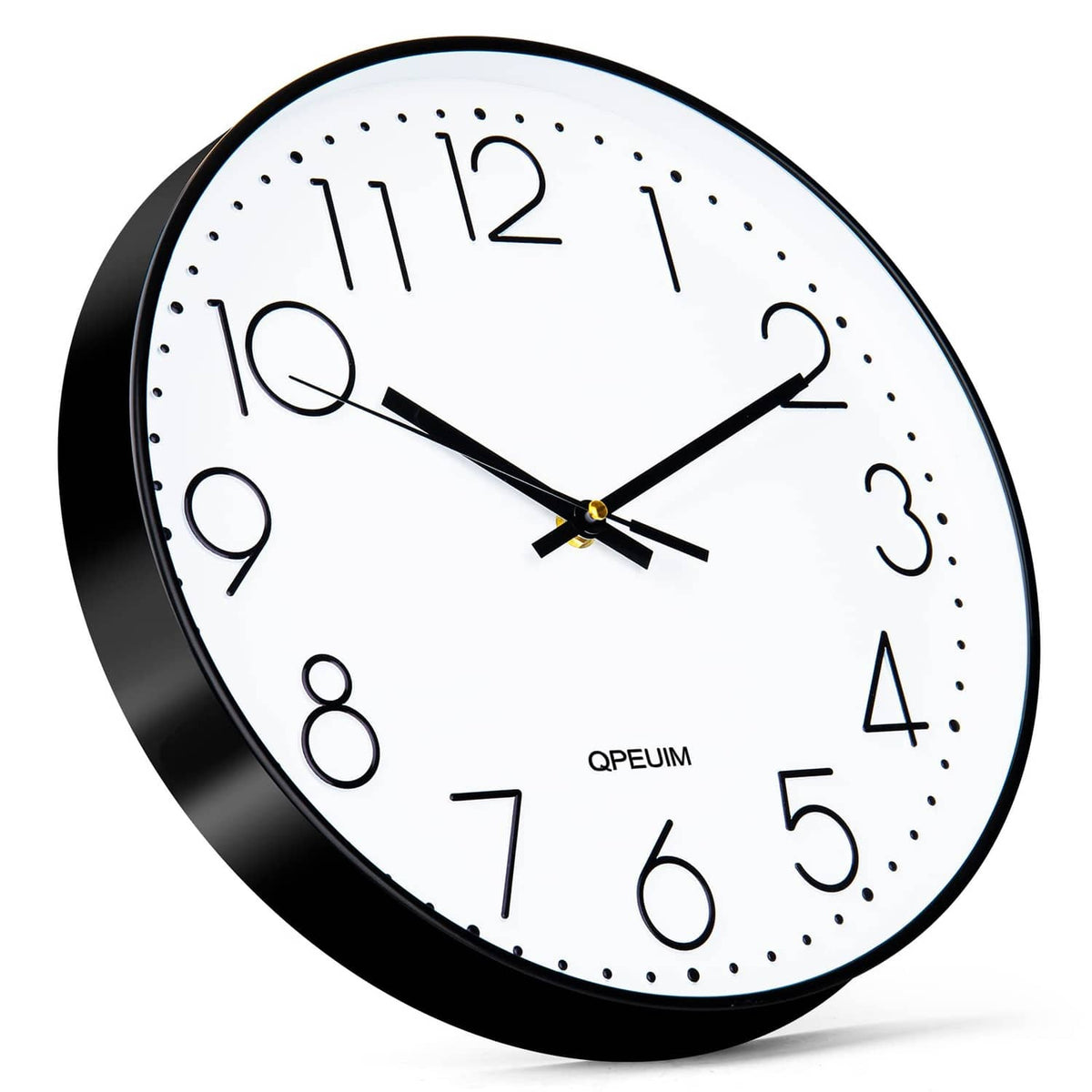 Wall clock with white dial, black rim, dot markers, black hands, gold center
