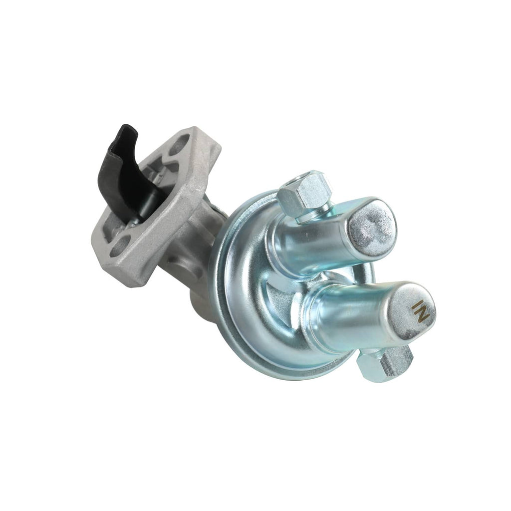 Fuel lift transfer pump with black lever arm and silver cylindrical canister, side outlet