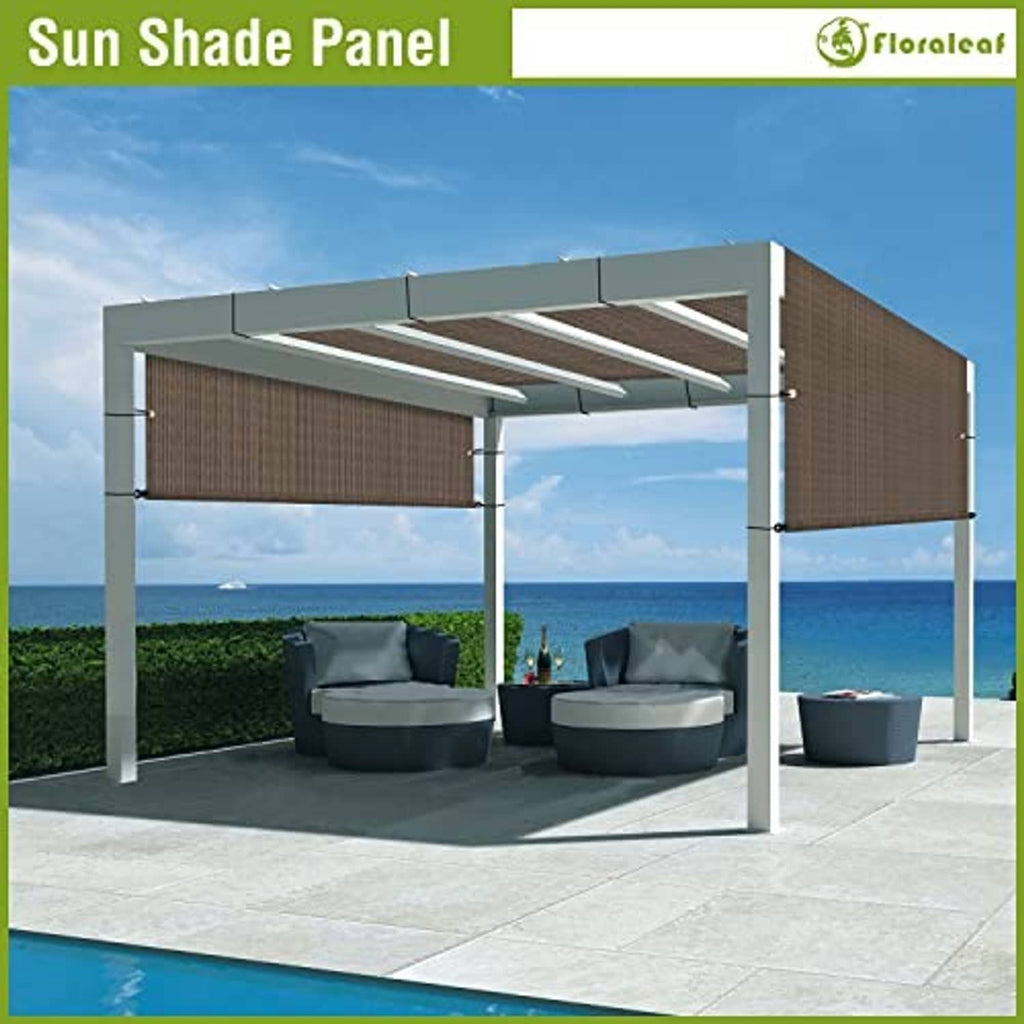 Brown pergola shade cover canopy with black frame posts over outdoor patio seating