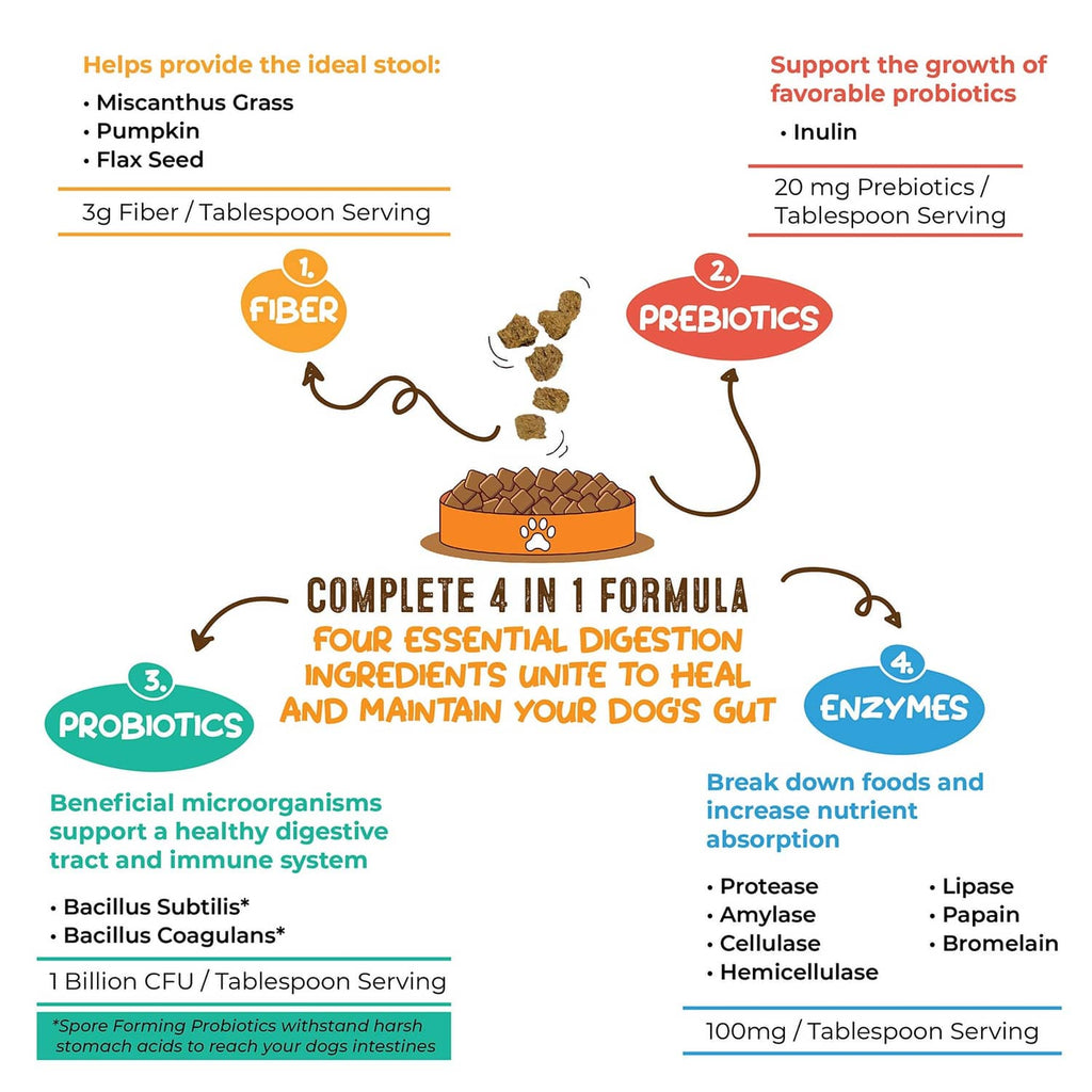 Dog digestion supplement formula graphic showing fiber, prebiotics, probiotics, enzymes