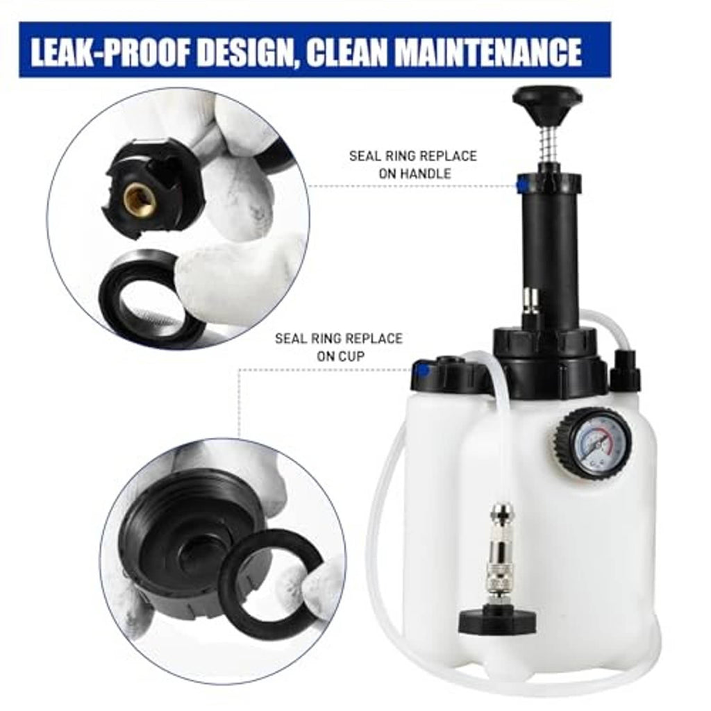 Brake bleeder reservoir with pressure gauge and replaceable seal rings on fittings