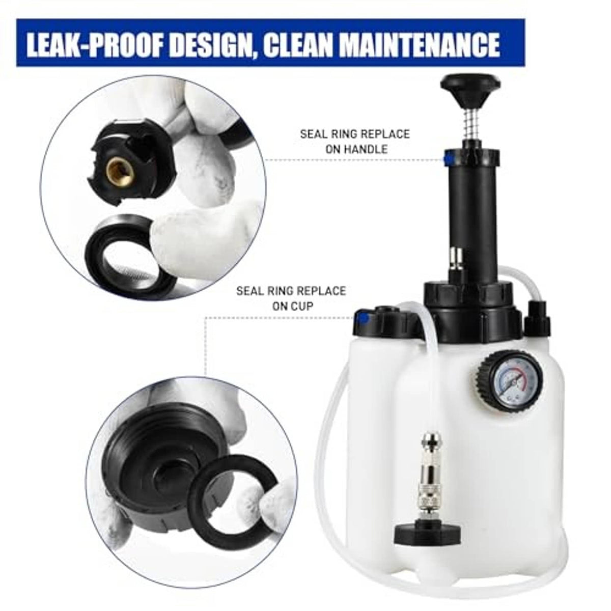 Brake bleeder reservoir with pressure gauge and replaceable seal rings on fittings