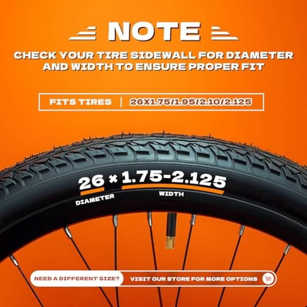 Bike tire size compatibility graphic with inner tube valve and tire width/diameter guide