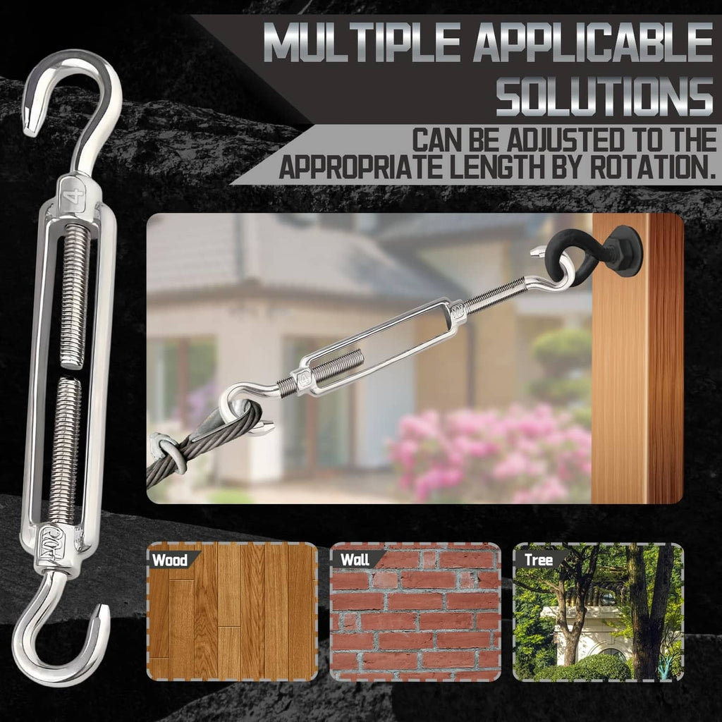 Heavy-duty stainless steel M4 turnbuckle with double hooks and long threaded body