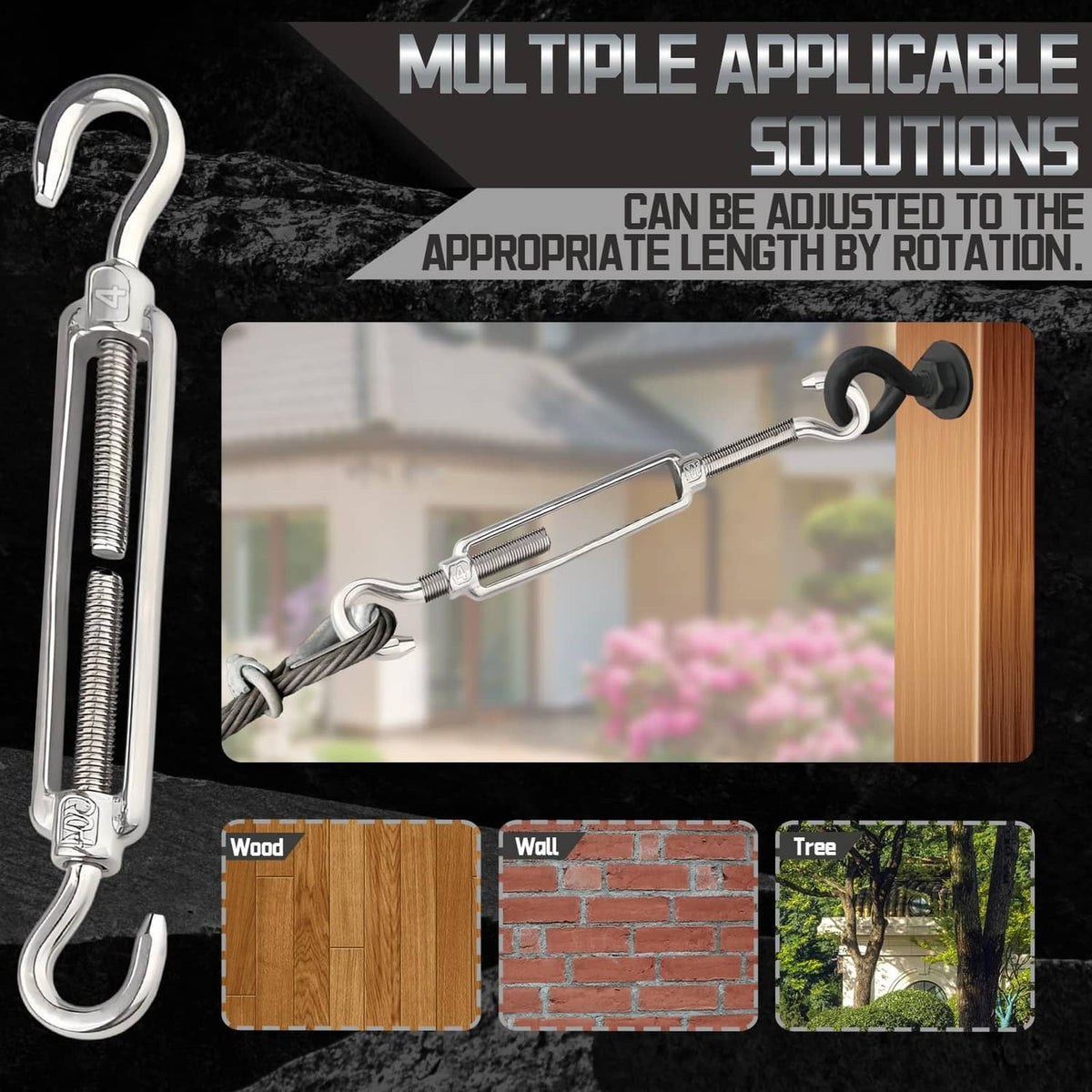 Heavy-duty stainless steel M4 turnbuckle with double hooks and long threaded body