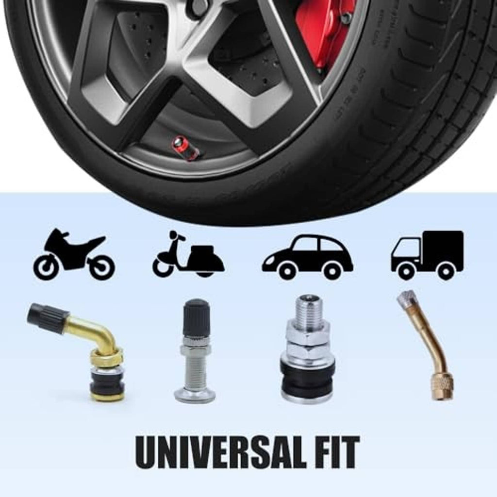 Red carbon fiber tire valve caps with skull emblem plus universal valve adapter set.