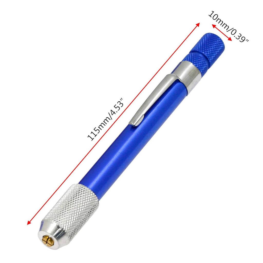 Blue mini pin vise with included micro drill bits, length marked for size