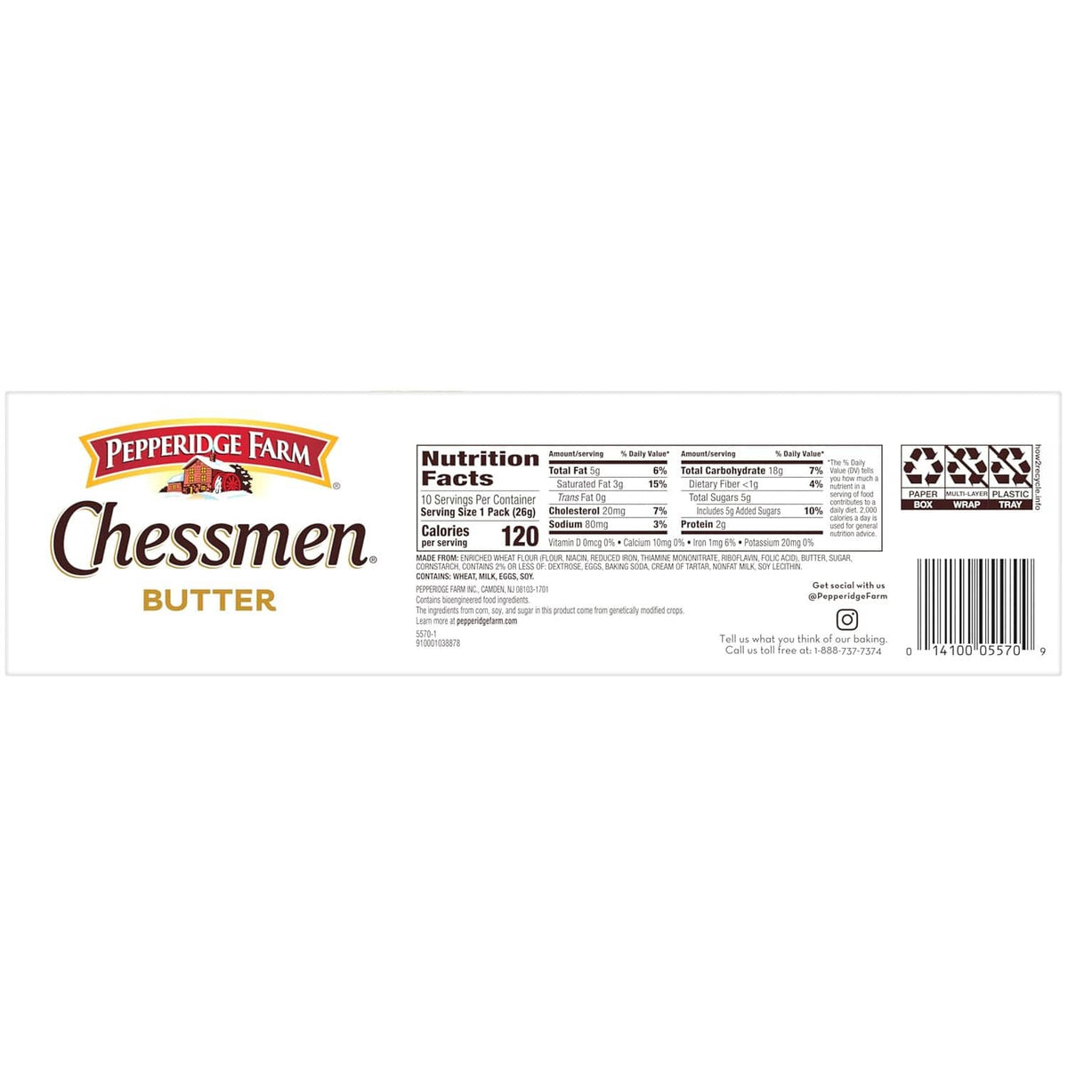Back label of butter chess-shaped cookies 10-pack with barcode