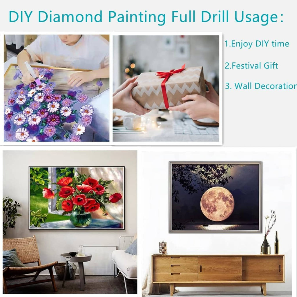 Finished diamond painting artworks on wall, floral bouquet and moon scene