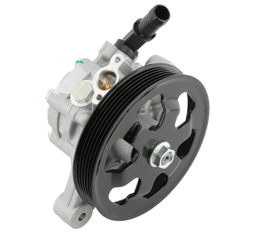 Power steering pump with black pulley and gray housing, top inlet hose connector visible