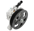 Power steering pump with black pulley and gray housing, top inlet hose connector visible