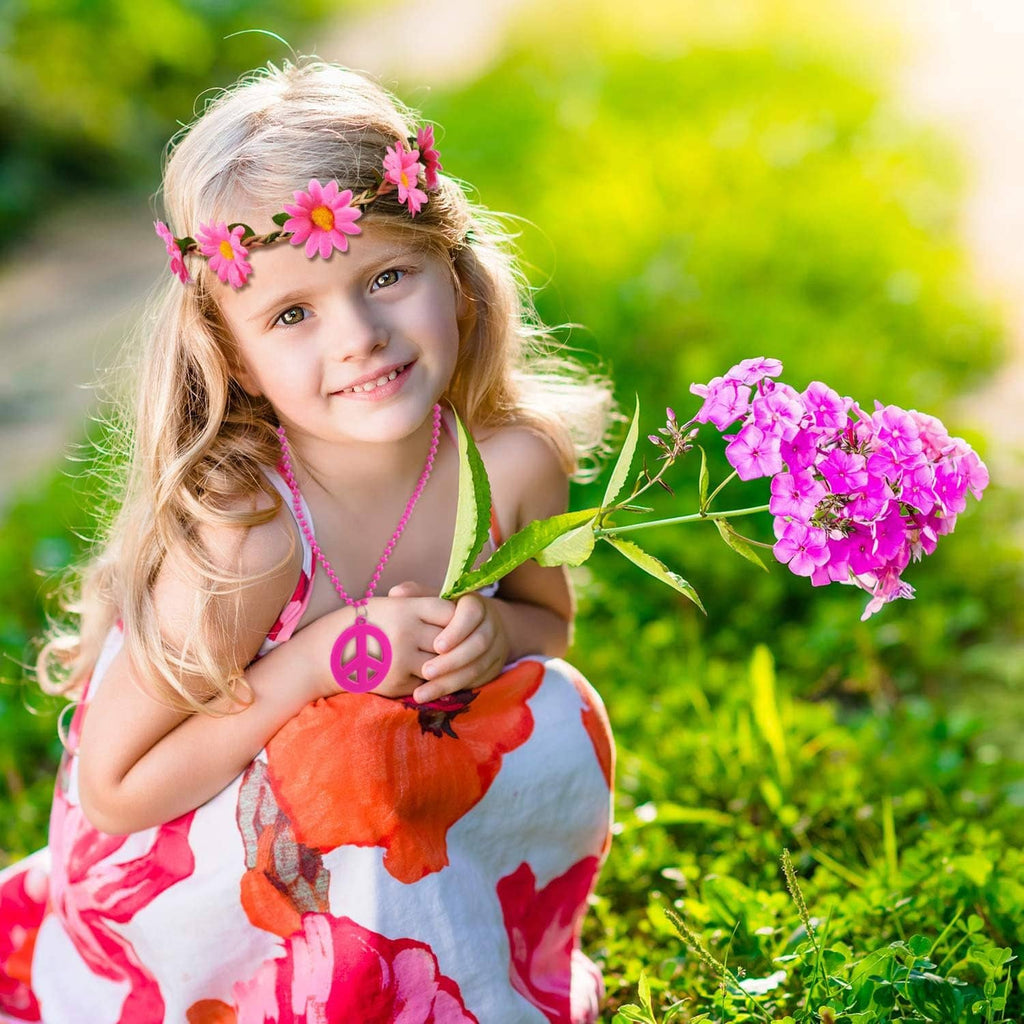 Pink daisy flower headband and pink peace pendant bead necklace with heart-shaped peace charm