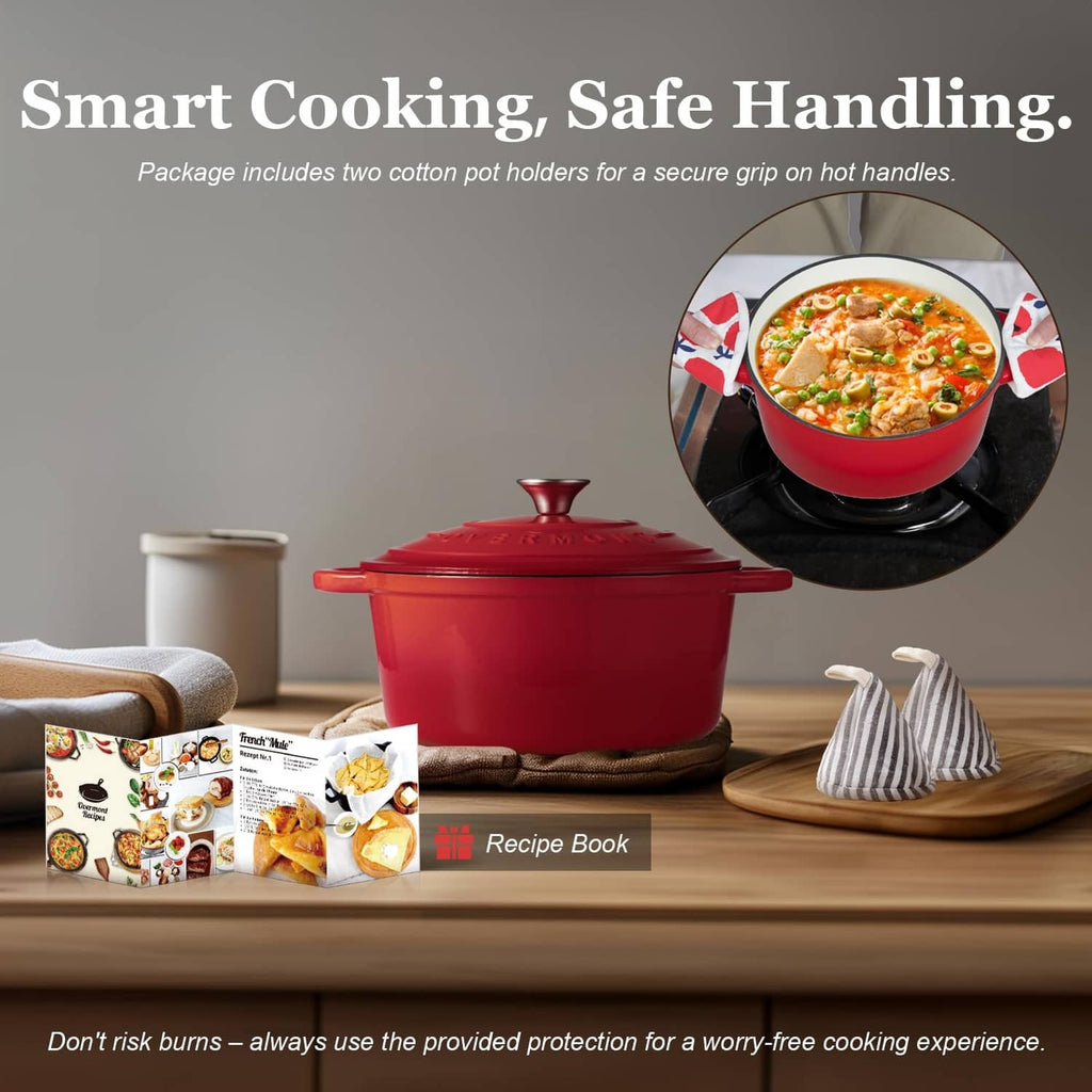 Red enameled Dutch oven with domed lid, shown with cotton pot holders