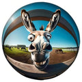 Spare tire cover with circular donkey face graphic and blue outdoor scene