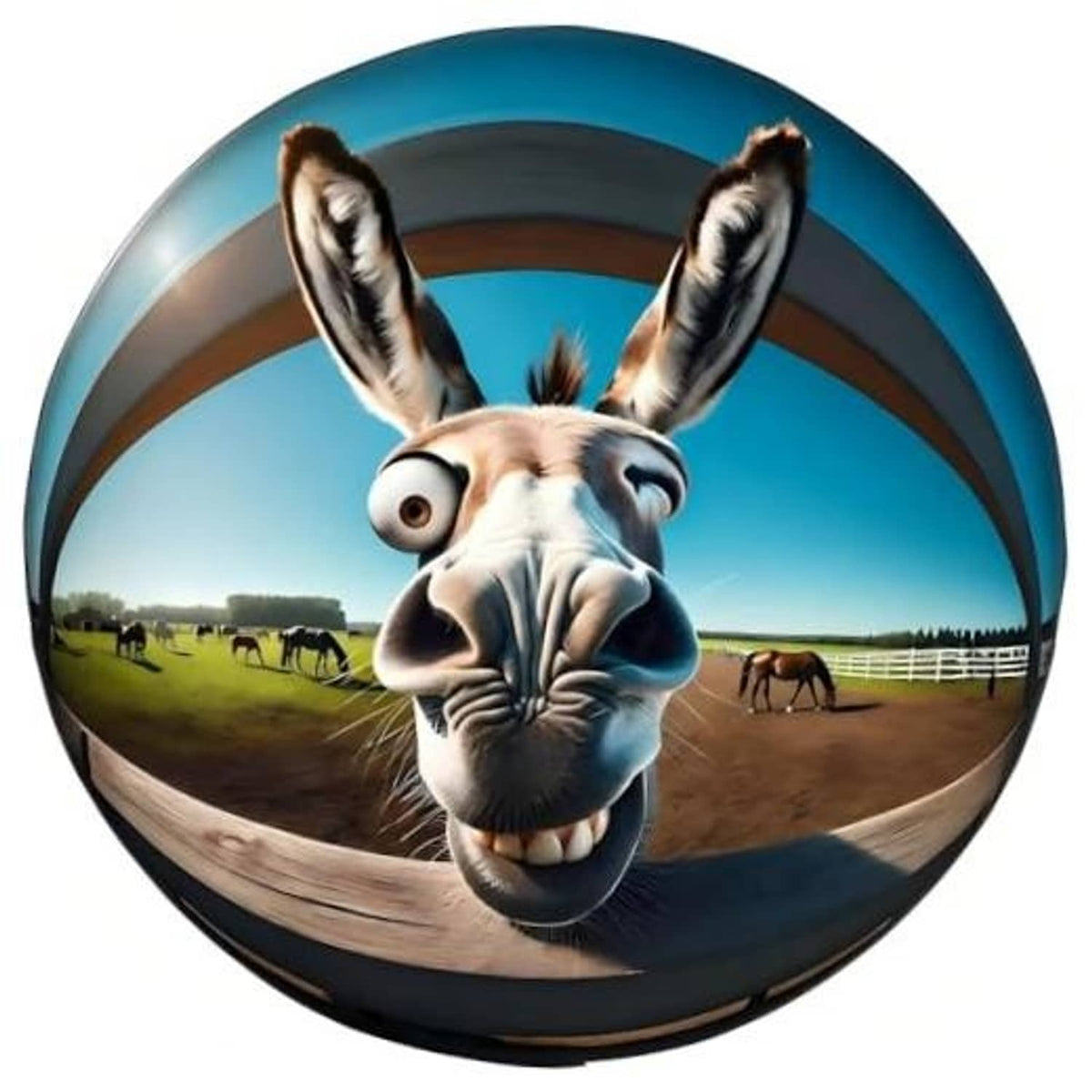 Spare tire cover with circular donkey face graphic and blue outdoor scene