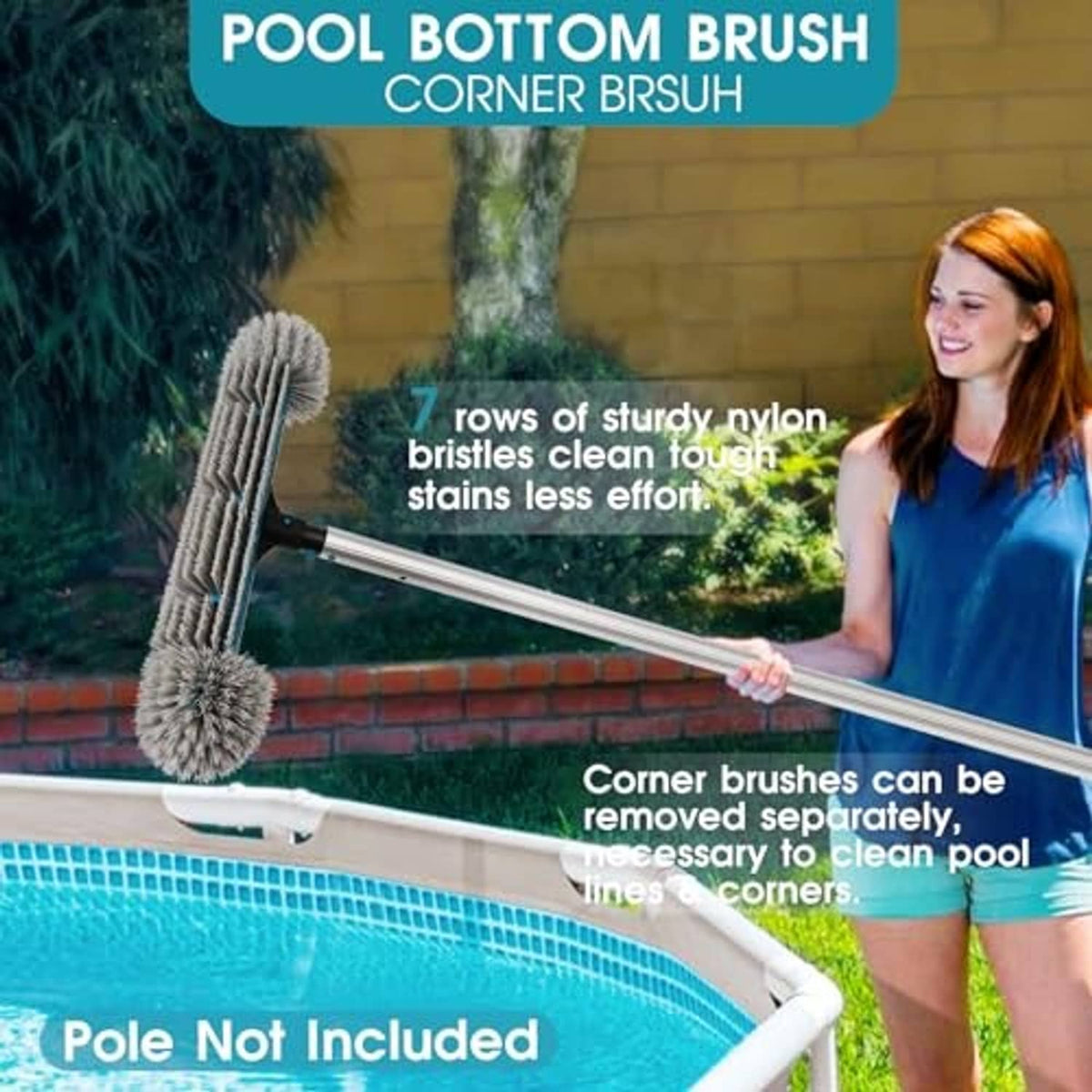 Corner pool brush with gray bristle heads on extendable handle