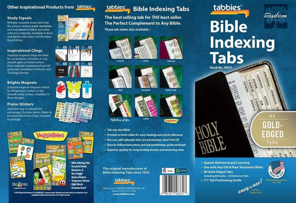 Bible indexing tabs package showing gold-edged tabs and product details