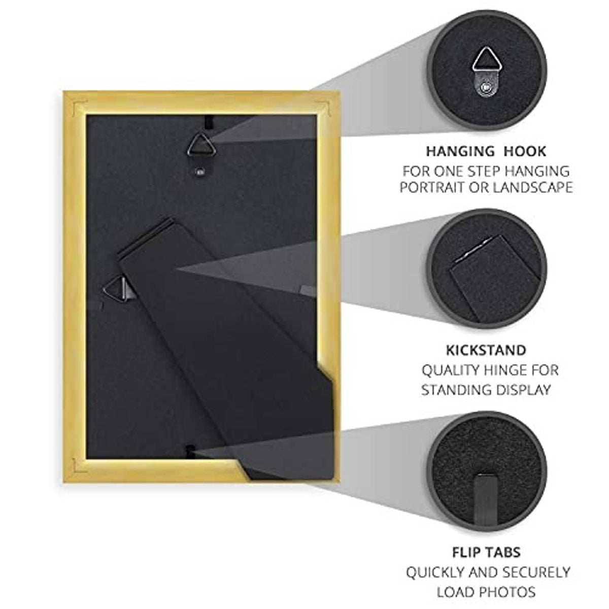 Gold 4x6 picture frame back with hanging hook and kickstand