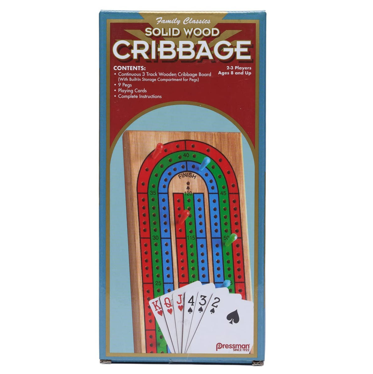 Solid wood 3-track cribbage board in retail box with playing cards and pegs