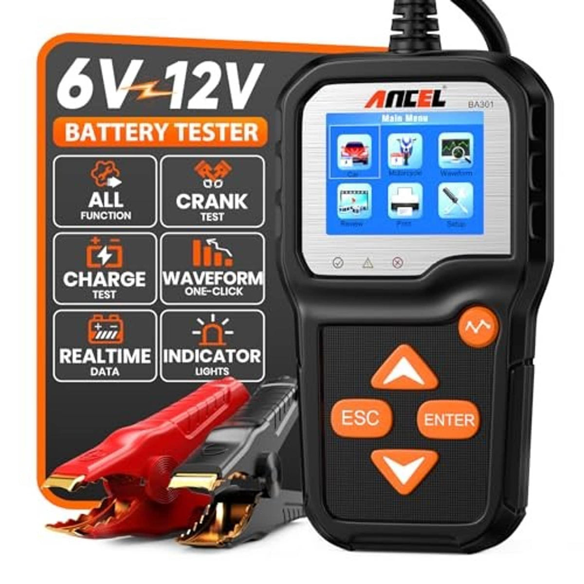 6V/12V battery tester handheld unit with backlit screen and orange navigation buttons