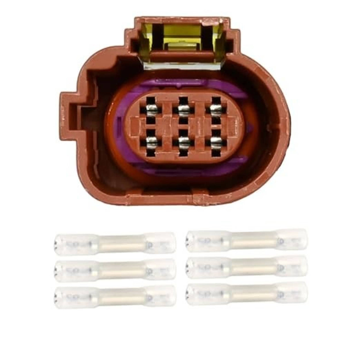 Electronic EGR valve connector plug, front view, brown body with purple inner ring