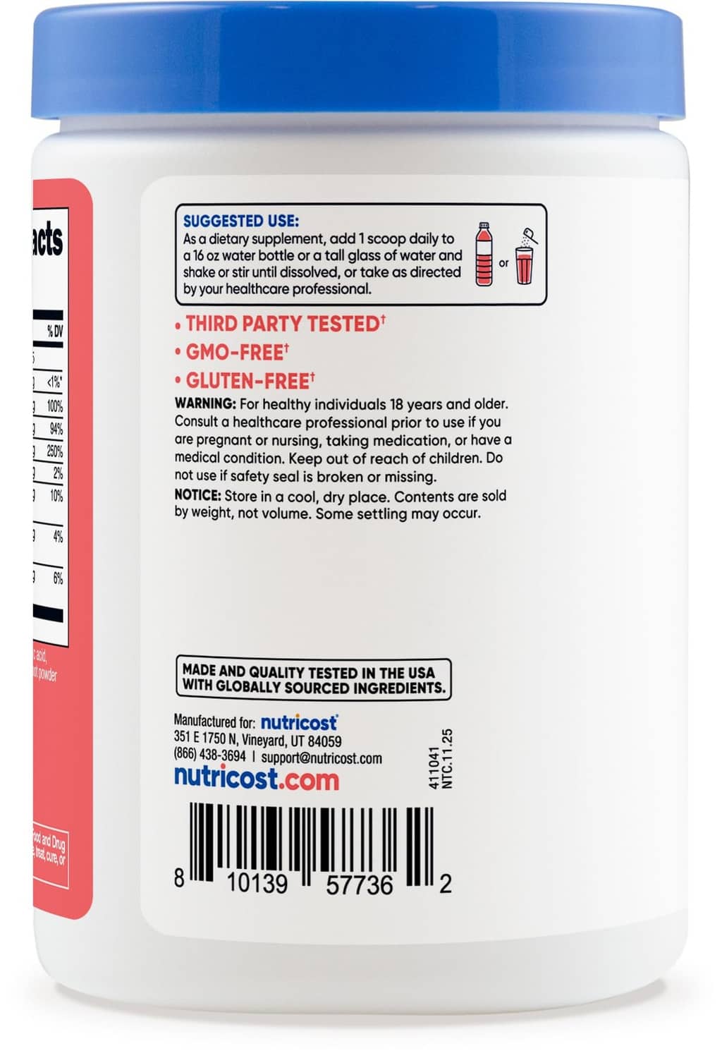 Electrolytes powder supplement bottle, back label with directions and barcode