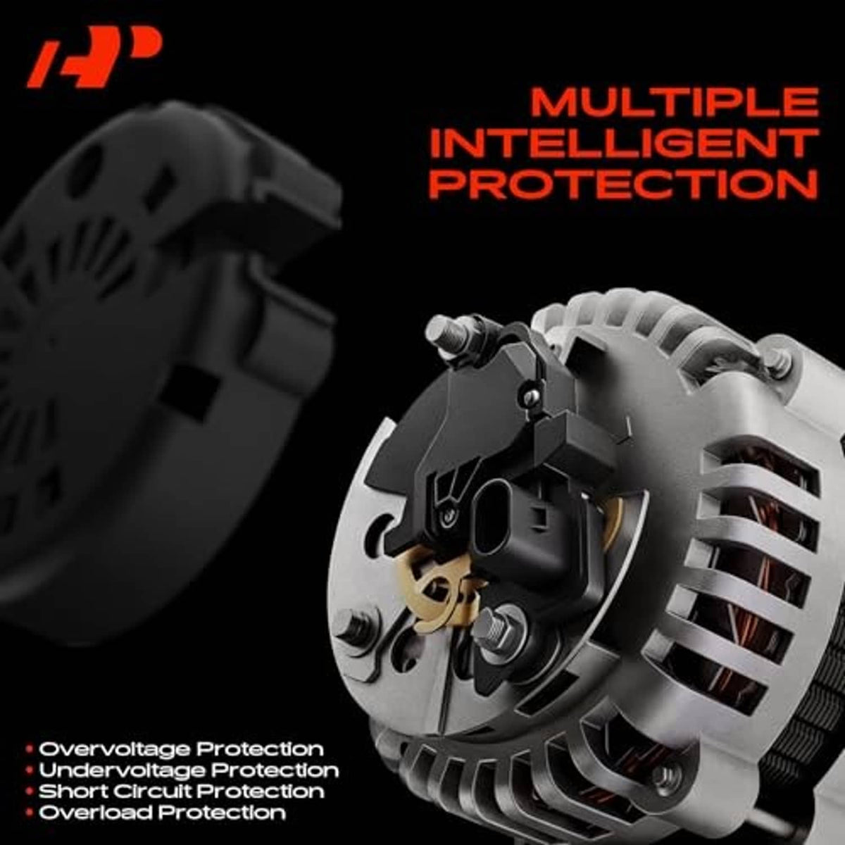 Alternator voltage regulator with cooling fins, black wiring connector, and electrical contacts