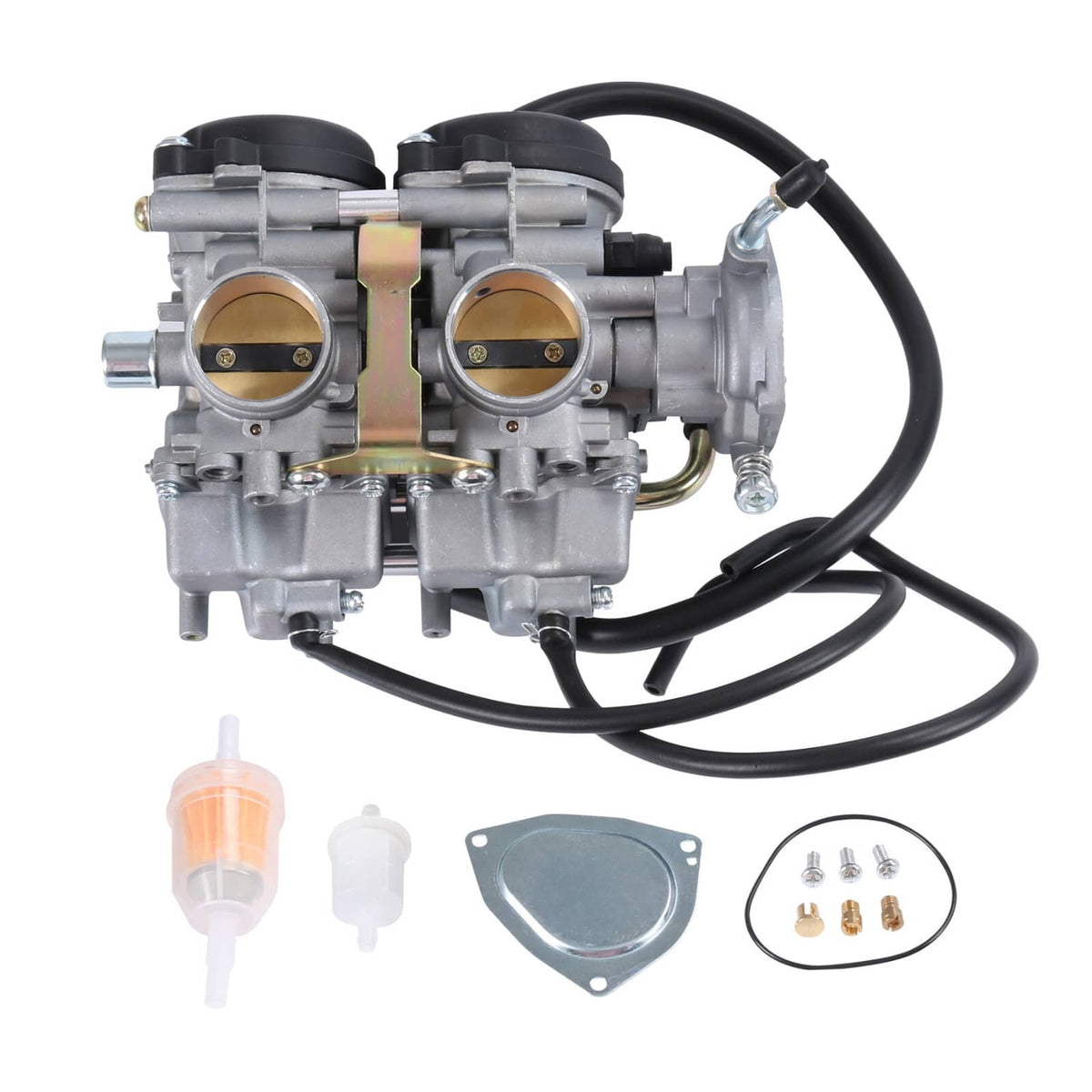 Gray dual carburetor assembly with black fuel hoses and mounting hardware