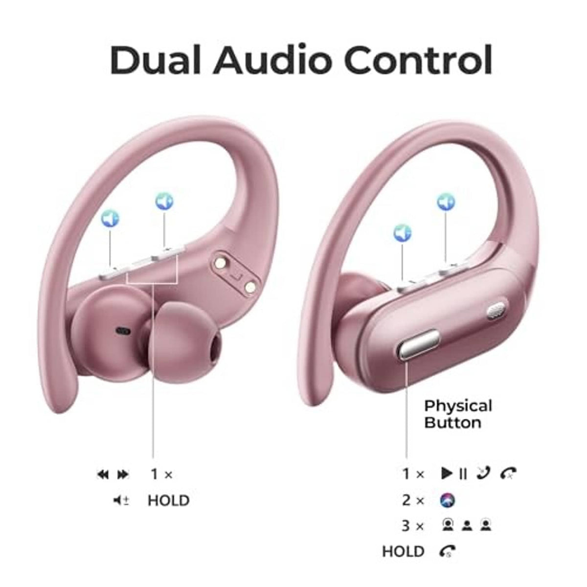 Rose pink earbuds with dual audio control diagram and physical button on each