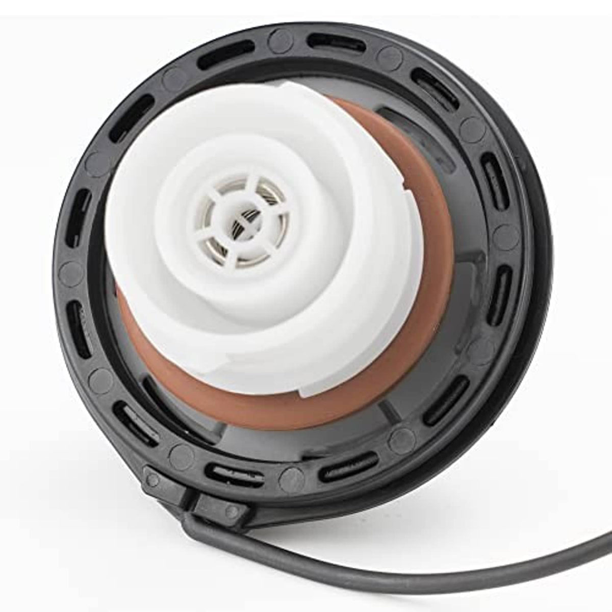 Fuel gas cap insert showing white center outlet with orange gasket and black housing