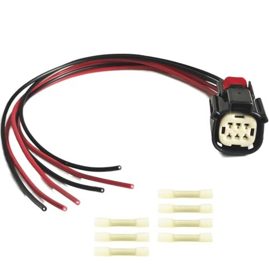 6-pin wiring harness connector pigtail with red/black wires and white plug terminals