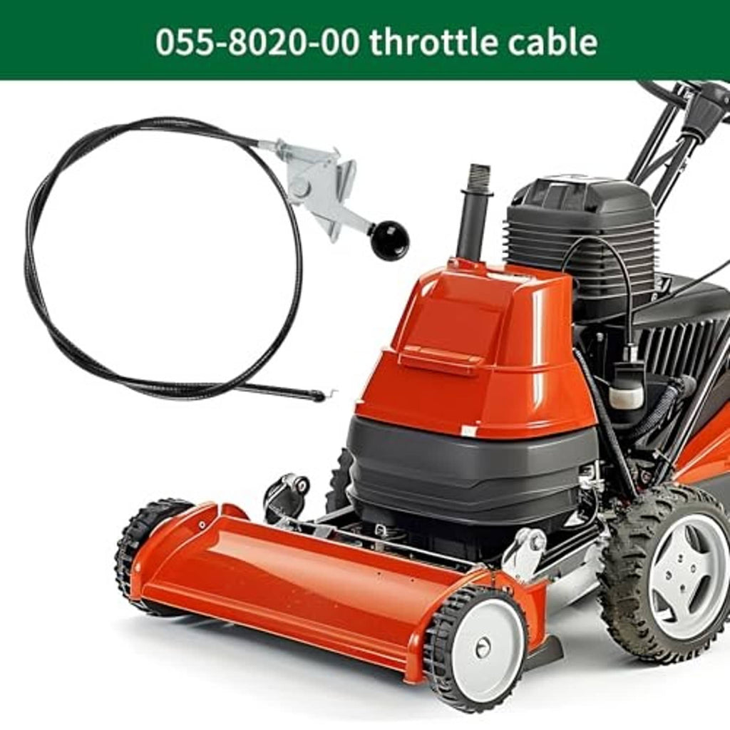 Throttle control cable kit with black cable and silver bracket shown on outdoor power mower