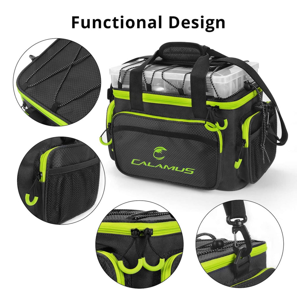 Black tackle bag with structured front panels, top handles, and neon green zipper details
