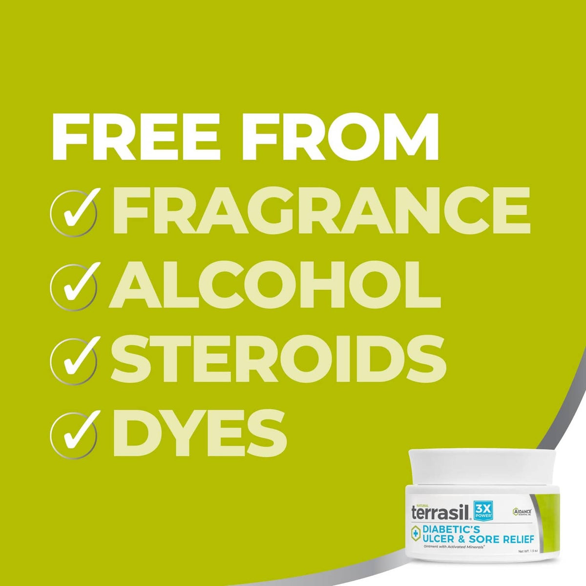 Free from fragrance, alcohol, steroids, dyes graphic with Terrasil cream jar.
