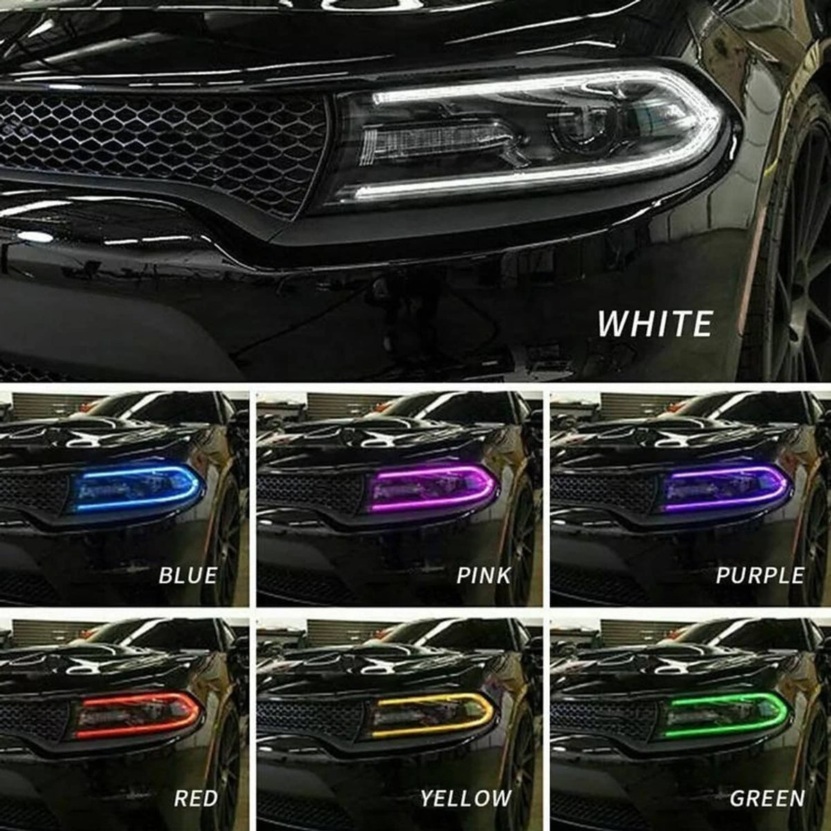 RGB LED projector headlights pair with selectable colors: white, blue, pink, purple