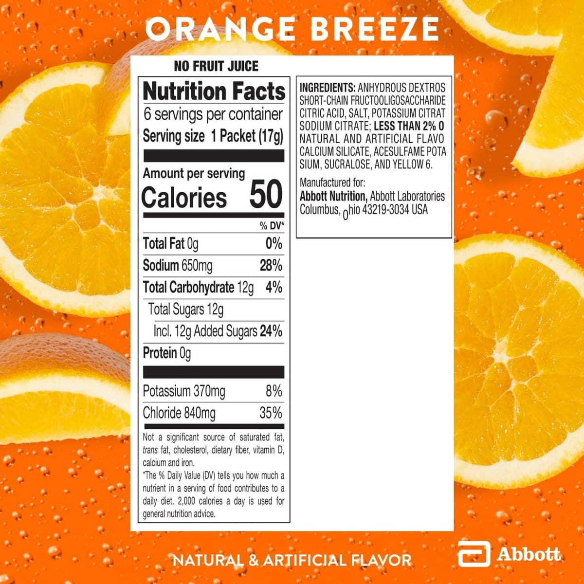 Pedialyte electrolyte powder packet Nutrition Facts for Orange Breeze flavor