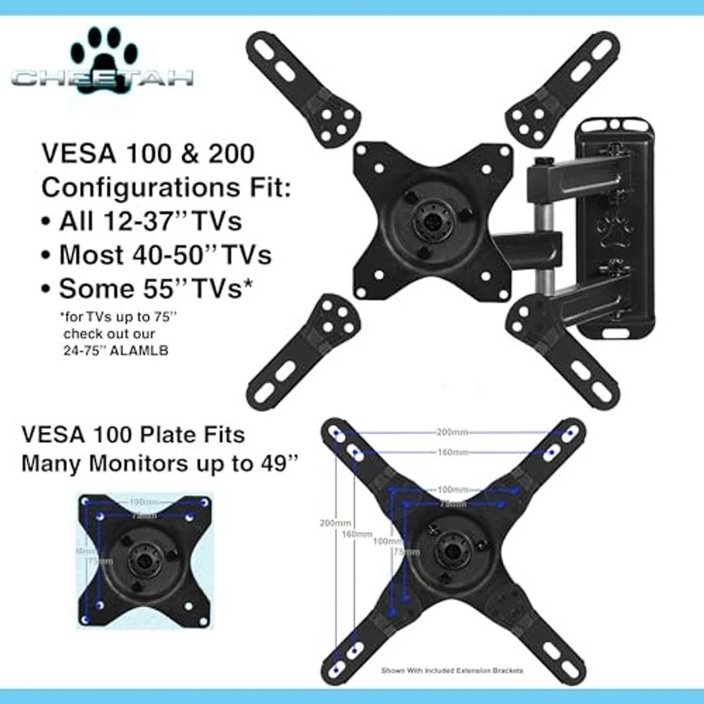 Black VESA 100/200 TV wall mount bracket with compatibility graphic and hardware