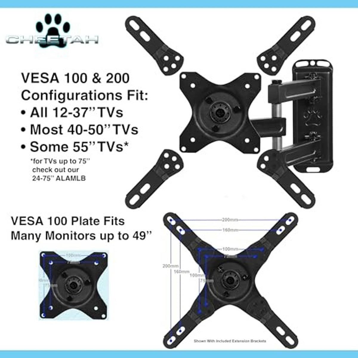 Black VESA 100/200 TV wall mount bracket with compatibility graphic and hardware
