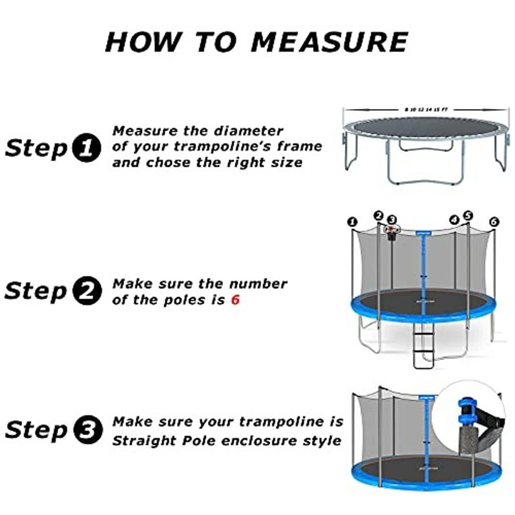 How-to measuring guide for trampoline enclosure net with 6 straight poles instructions