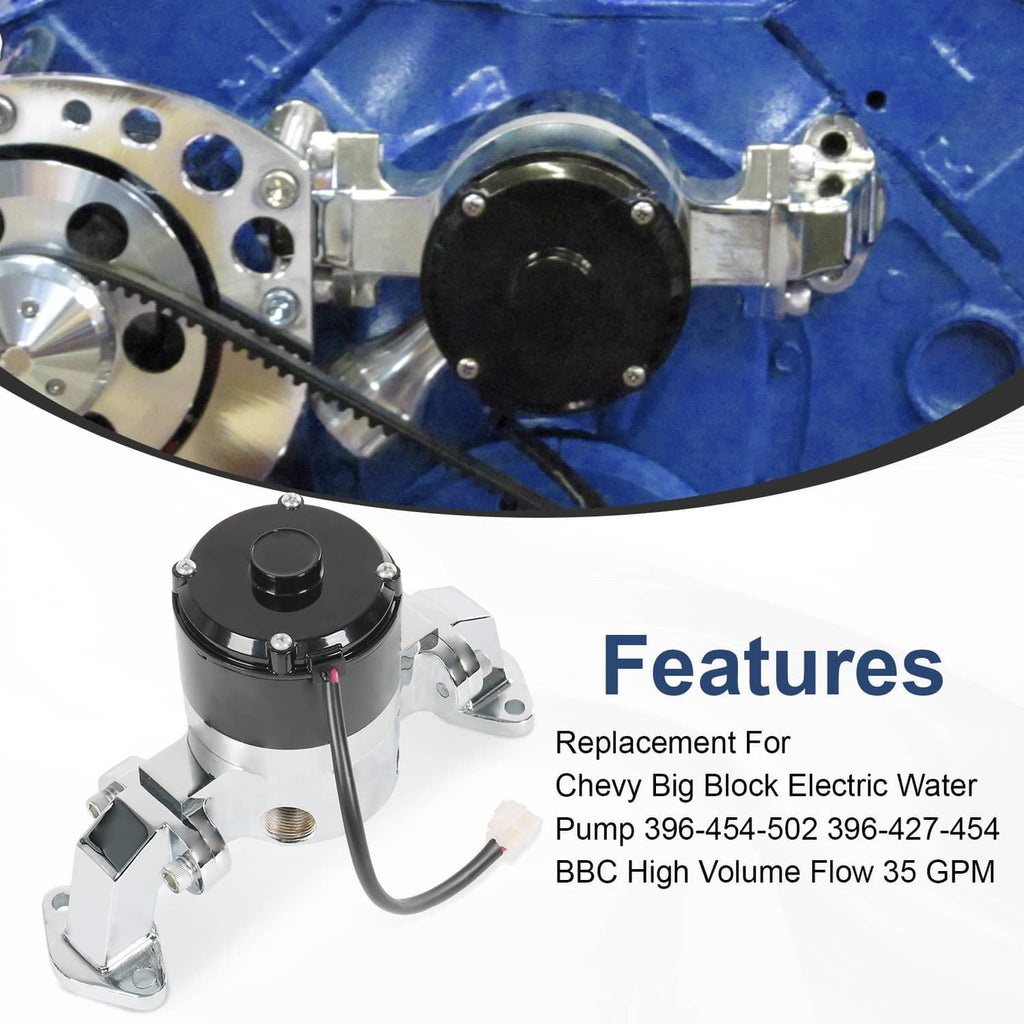 Electric water pump mounted on engine with black cap and chrome aluminum bracket