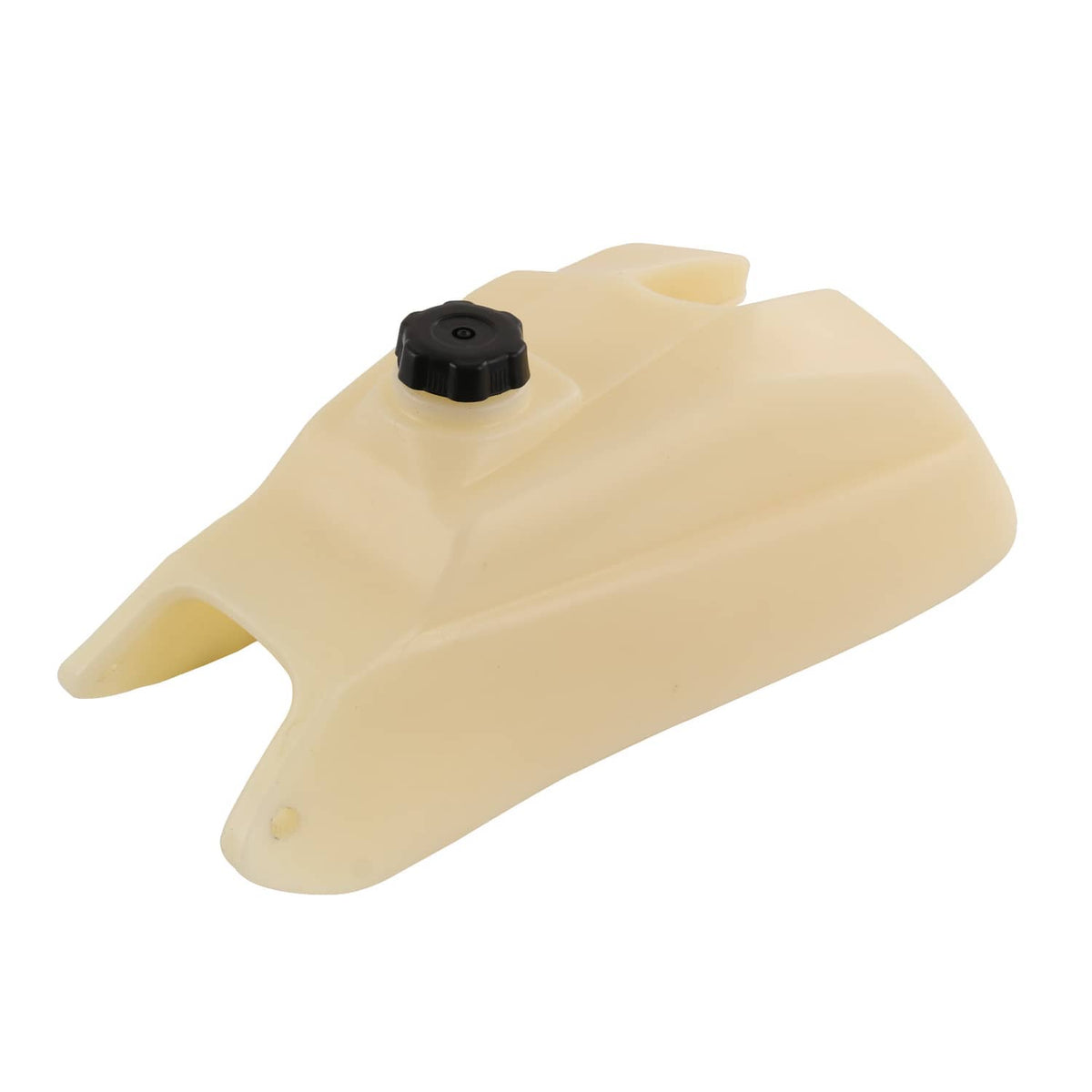 Beige plastic fuel tank with black gas cap, side view