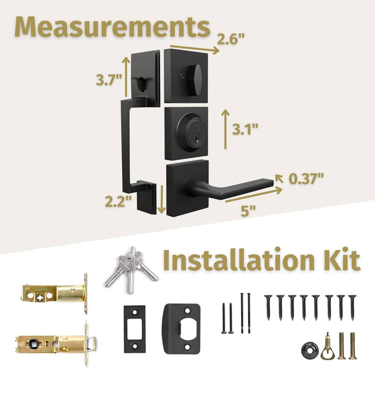Matte black entry door handleset with installation kit and screws