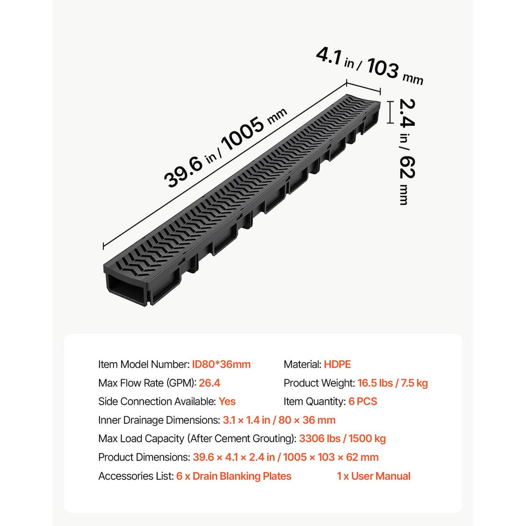 HDPE linear drainage channel dimensions diagram, ribbed grate top with side openings