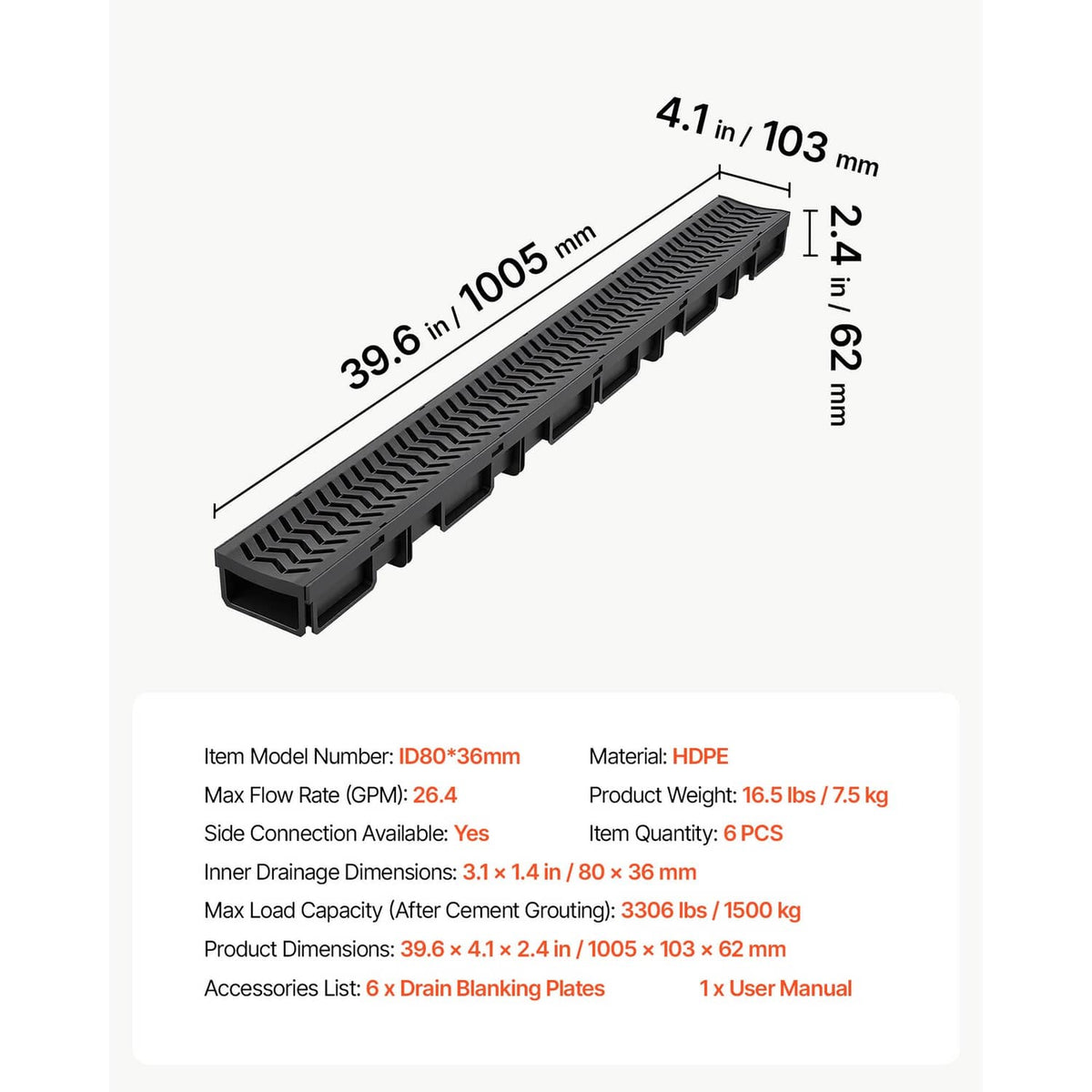 HDPE linear drainage channel dimensions diagram, ribbed grate top with side openings