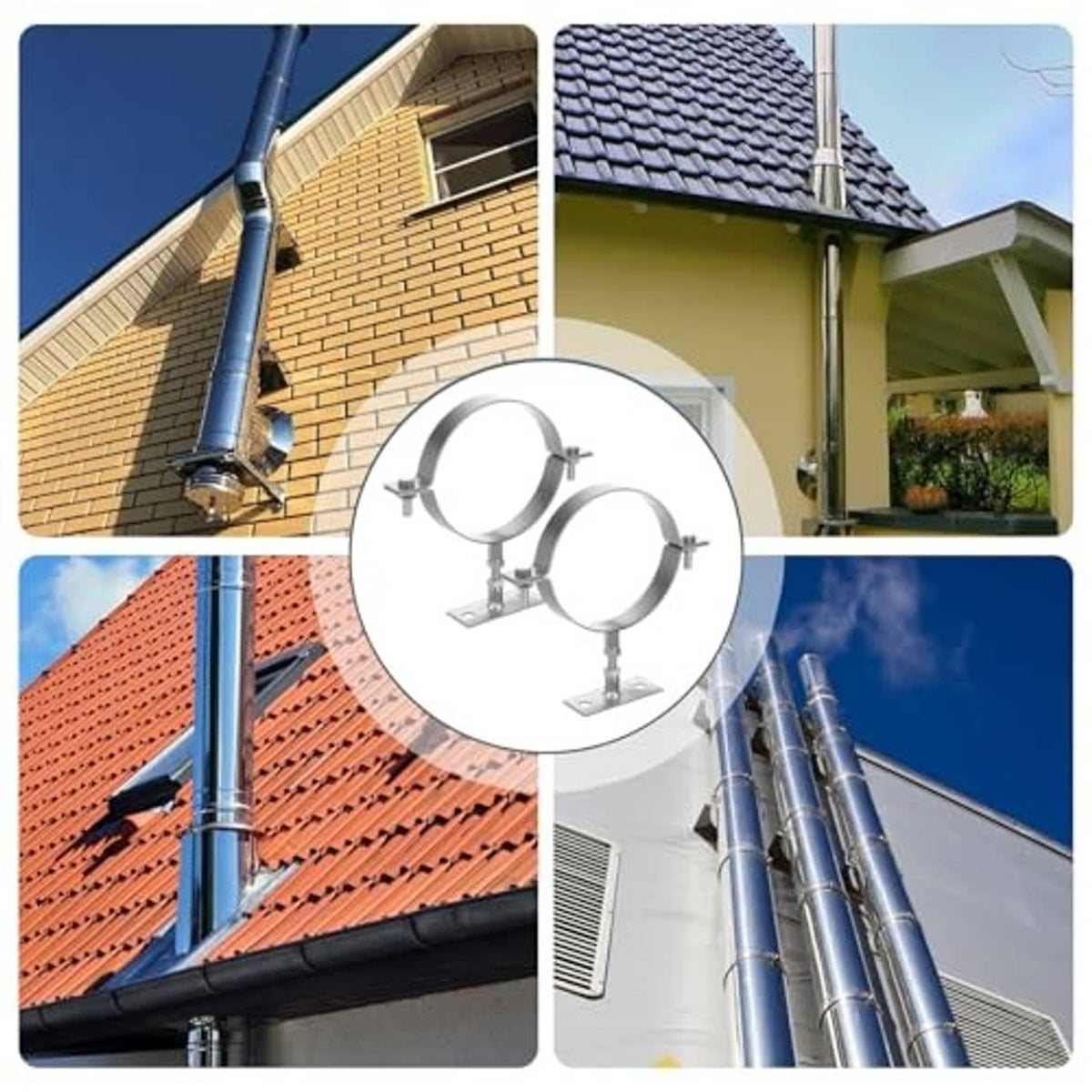 Split-ring pipe brackets mounted to roof vent pipes with adjustable spacing