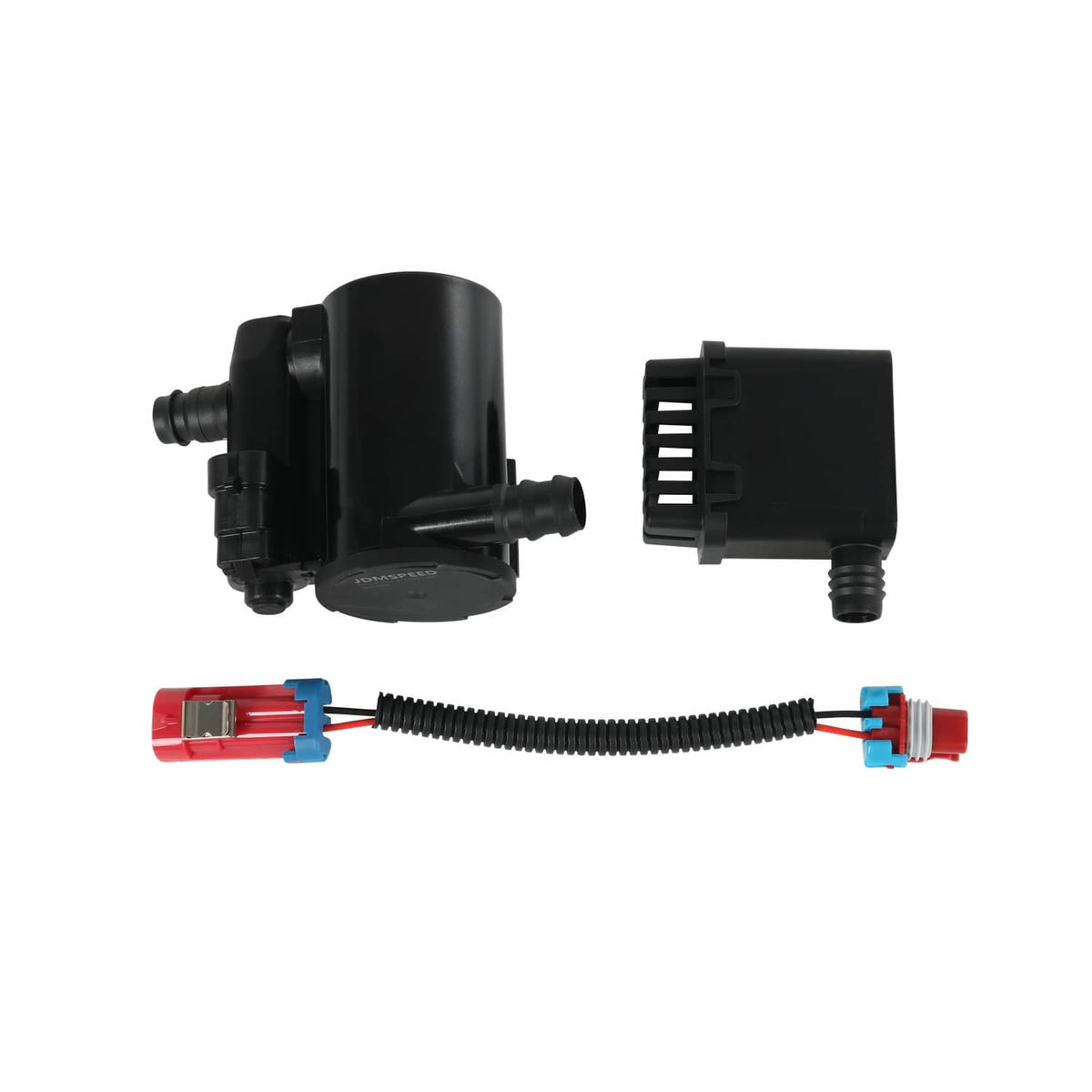 Evap canister vent solenoid with black body, vacuum ports, and red/blue connector leads