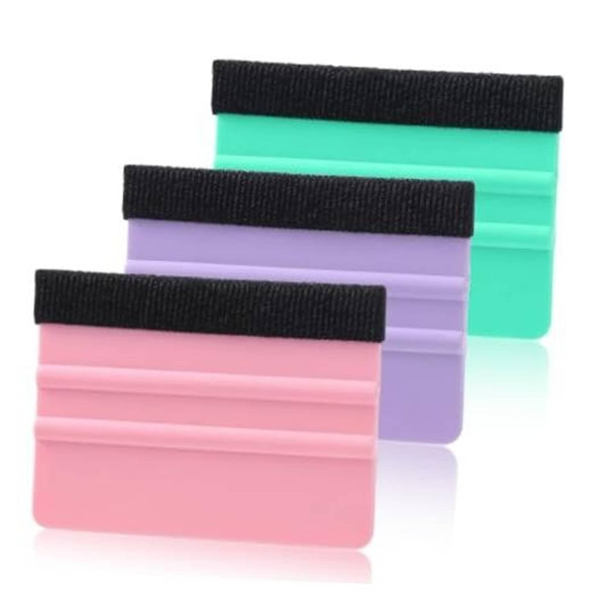 Felt squeegee set with black grip, pink, purple, and teal pads for vinyl smoothing