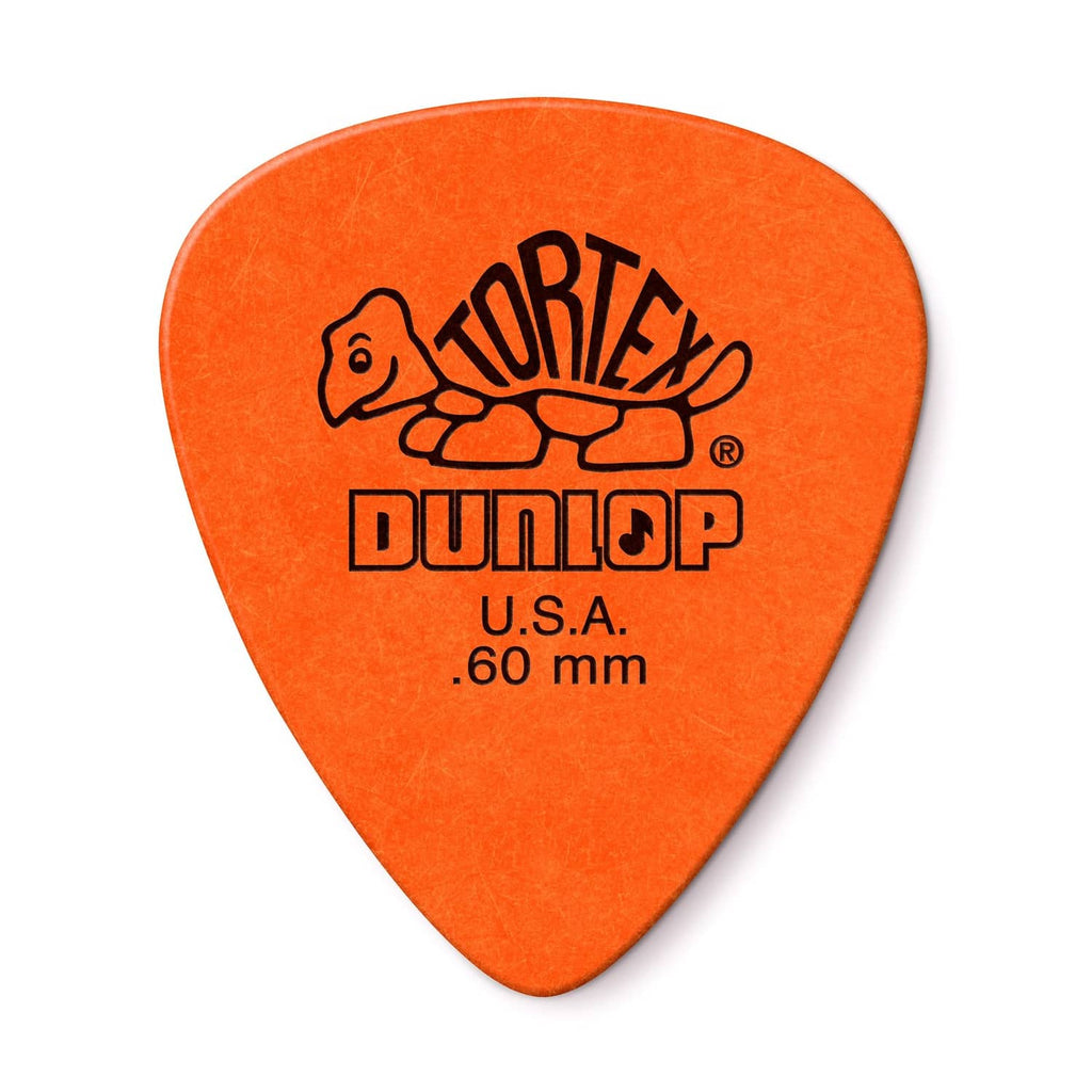 Orange Dunlop Tortex guitar pick, U.S.A., 0.60 mm, with branding logo text.